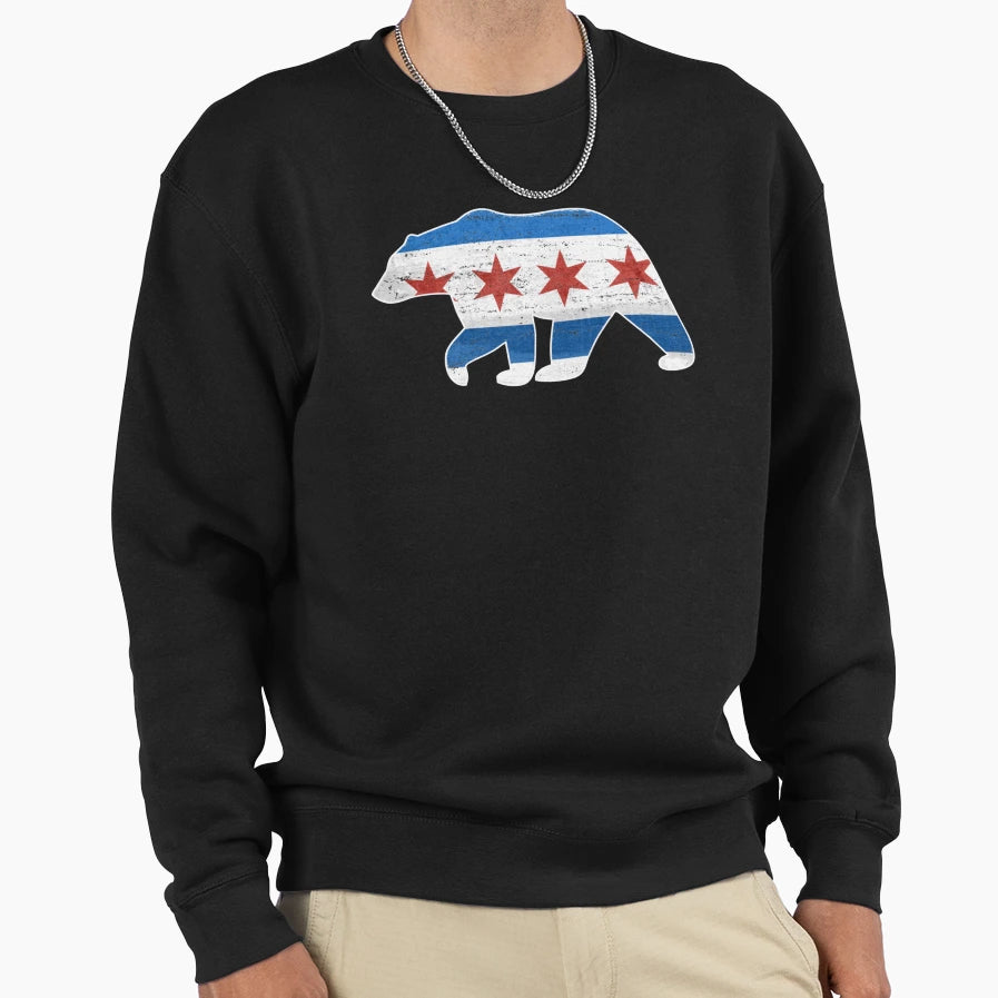 Chicago Flag Walking Bear Grunge Sweatshirt - Casual Everyday Wear Unisex - T-Shirt, Sweatshirt, Hoodie