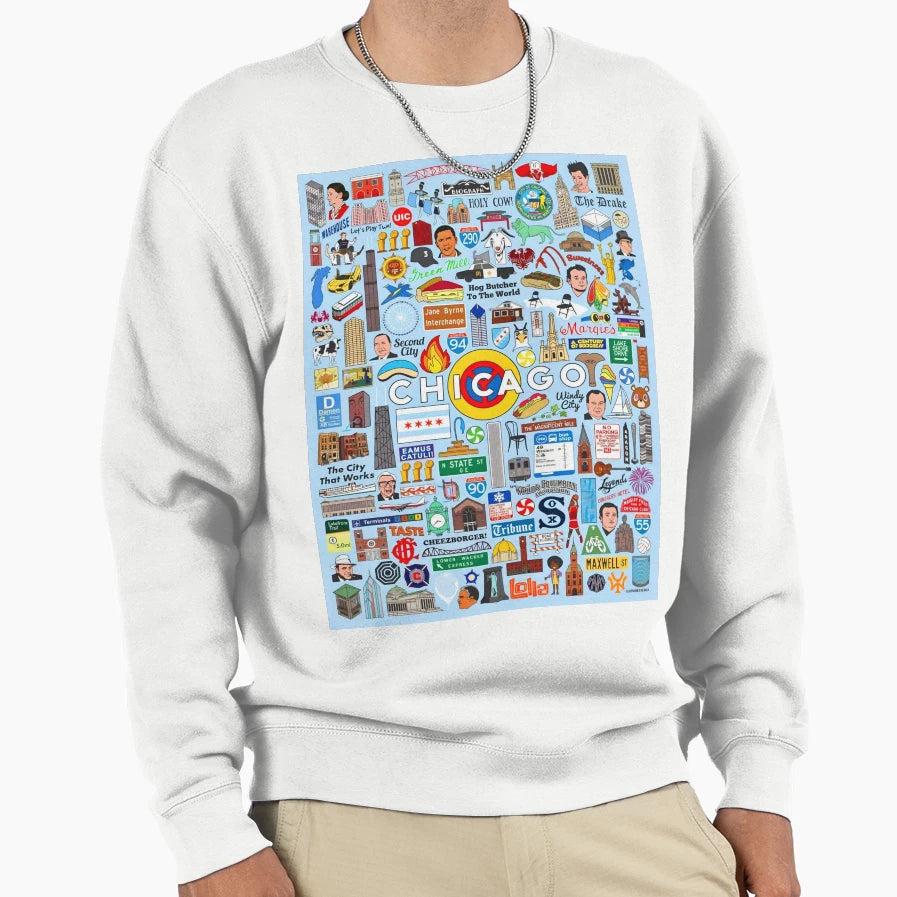 Chicago Iconic Landmarks Signs Sweatshirt - Custom Art Print Men Women - T-Shirt, Sweatshirt, Hoodie