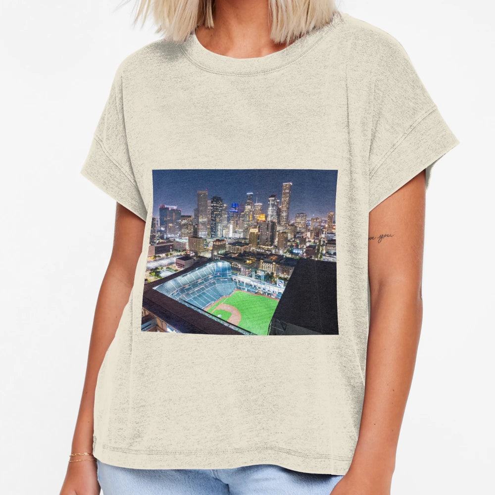 Houston Skyline Lit Up Night Minute Maid T-Shirt - Trendy Graphic Unisex - T-Shirt, Sweatshirt, Hoodie