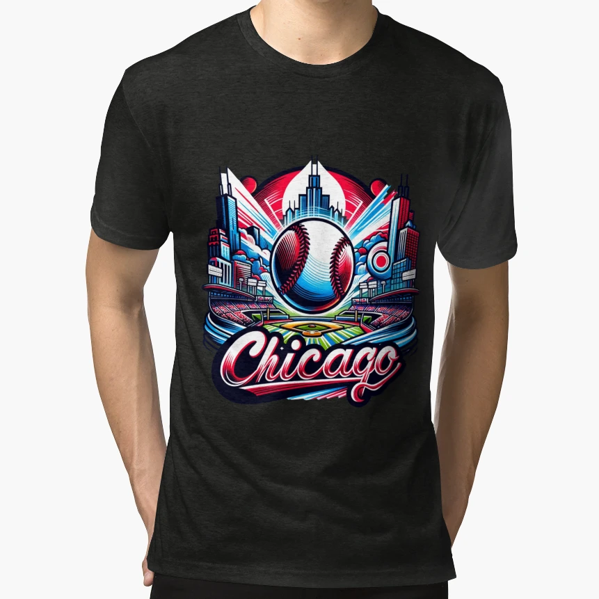 Chicago Baseball Cityscape Badge T-Shirt - Unique Graphic for Adults - T-Shirt, Sweatshirt, Hoodie