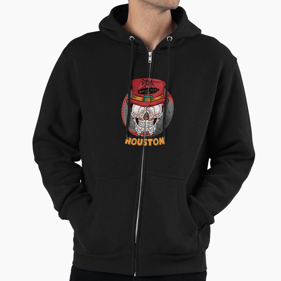 Houston Sugar Skull Bayou City Baseball Hoodie - Minimalist Print Unisex - T-Shirt, Sweatshirt, Hoodie